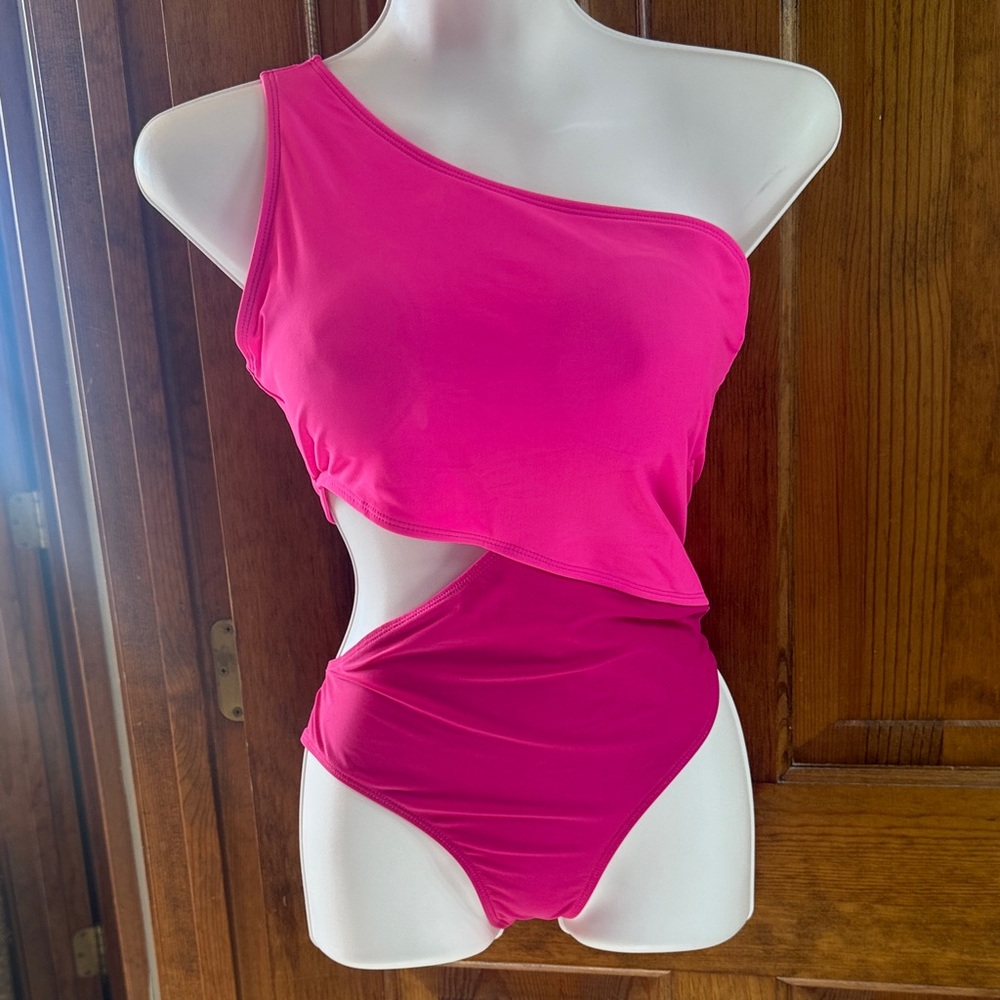 SHEIN Hot Pink One-Shoulder Cutout One-Piece Swimsuit